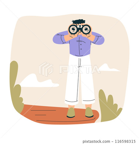 Look to Future with Man Character with Binocular View Horizon Vector Illustration Look to Future with Man Character with Binocular View Horizon Vector Illustration 116598315