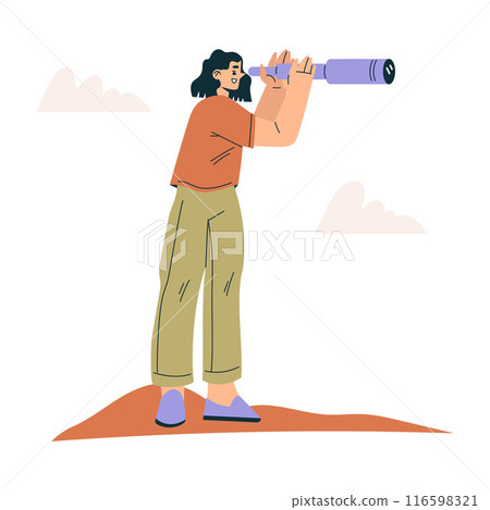 Look to Future with Woman Character with Telescope View Horizon Vector Illustration Look to Future with Woman Character with Telescope View Horizon Vector Illustration 116598321