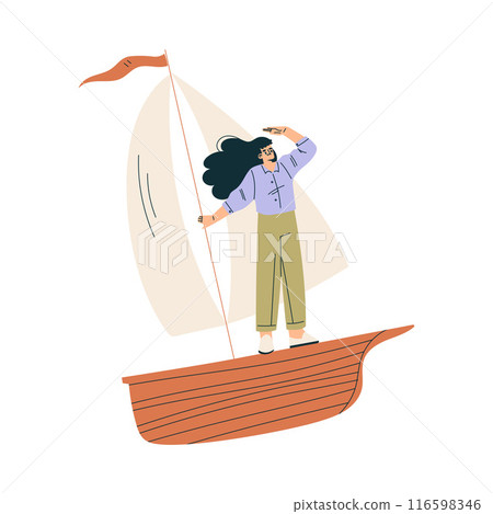 Look to Future with Woman Character Sail Boat View Horizon Vector Illustration Look to Future with Woman Character Sail Boat View Horizon Vector Illustration 116598346