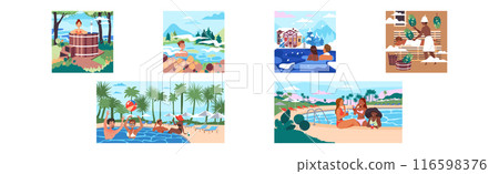 People Characters at Open-air Swimming Pool Enjoying Resort Vector Illustration Set 116598376
