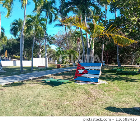 The flag of Cuba on a wooden pallet in the courtyard of the Varadero hotel next to the palm tree The flag of Cuba on a wooden pallet in the courtyard of the Varadero hotel next to the palm tree 116598410