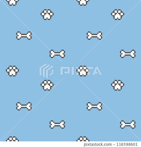 8bit pixel art animal dog paw and bone seamless repeat pattern background, flat jpg illustration design element design 116598601