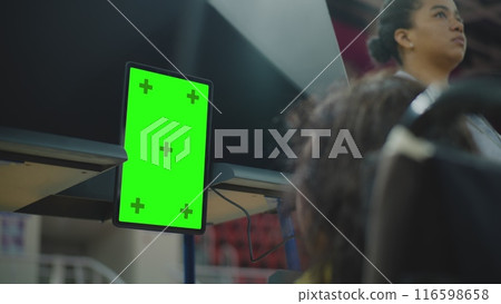 Woman in wheelchair votes in voting booth. Tablet computer displayed chroma key 116598658