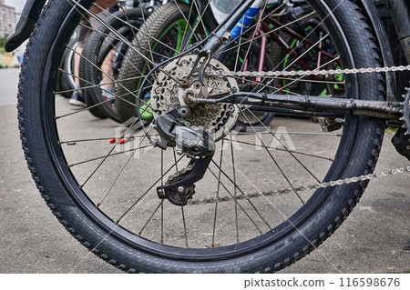 Sale, rental, repair of bicycles. Rear bicycle wheel with brakes,chain 116598676