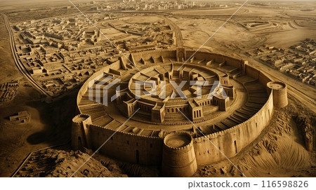 Aerial view of an ancient circular fortress in a desert setting 116598826