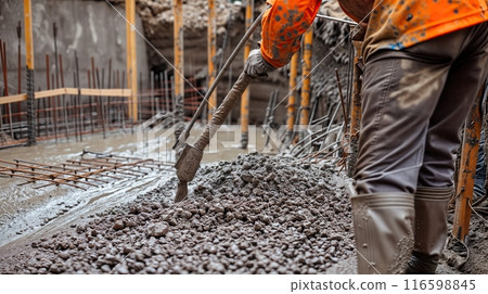 Construction worker controls concrete pouring at a building site 116598845