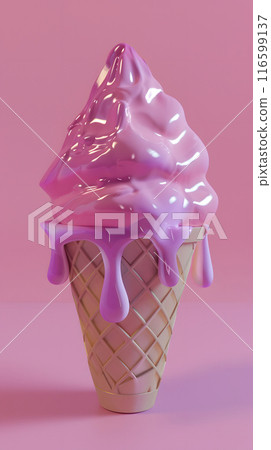 A pink ice cream cone resting on a pink background. vertical photo 116599137