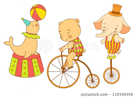 Cute circus bear and elephant on bike. Funny animals. Hand drawn color vector illustration for kids 116599399