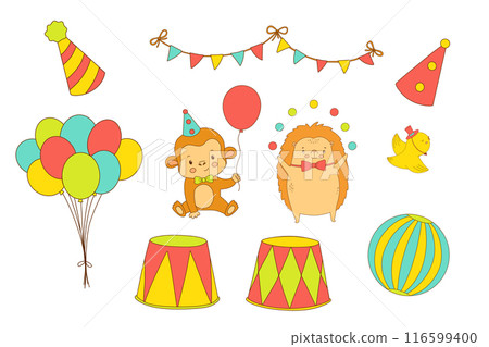 Cute circus monkey with hat and balloon. Funny animal. Hand drawn color illustration 116599400