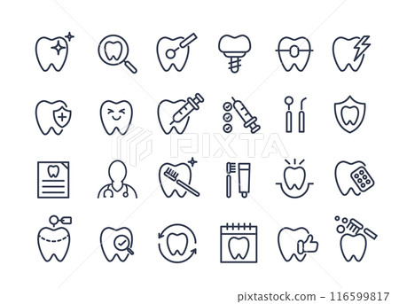 Dental icon set. containing tooth, dentist, toothpaste, toothbrush, teeth, implant and dentistry icons. can be used in children dentist clinic. medical health and dentistry concept. Dental icon set. containing tooth, dentist, toothpaste, toothbrush, teeth, implant and dentistry icons. can be used in children dentist clinic. medical health and dentistry concept. 116599817