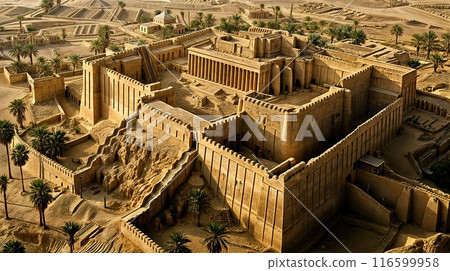 Detailed View of Ancient Mesopotamian Buildings Amidst Palms 116599958