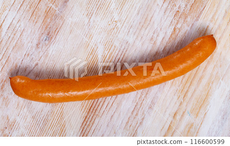 Tasty czech chicken sausages on wooden table Tasty czech chicken sausages on wooden table 116600599