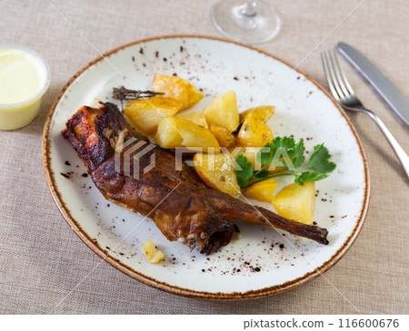 Grilled rabbit served in the plate 116600676