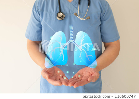 Doctor hands holding lung organ symbol. Awareness of lung cancer, pneumonia, asthma, COPD, pulmonary hypertension, world no tobacco day and eco air pollution. Respiratory and chest concept. Doctor hands holding lung organ symbol. Awareness of lung cancer, pneumonia, asthma, COPD, pulmonary hypertension, world no tobacco day and eco air pollution. Respiratory and chest concept. 116600747