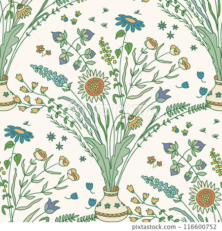 Hand drawn Bouquet of wild flowers ir summer colours. Ogee repeat pattern. Hand drawn Bouquet of wild flowers ir summer colours. Ogee repeat pattern. 116600752