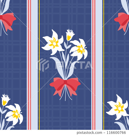 White lilies on dark blue. Striped floral preppy style seamless pattern. White lilies on dark blue. Striped floral preppy style seamless pattern. 116600766