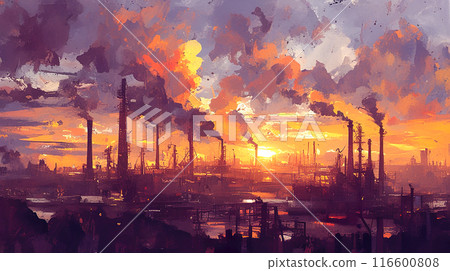 Watercolor illustration landscape of industrial area at dusk 116600808