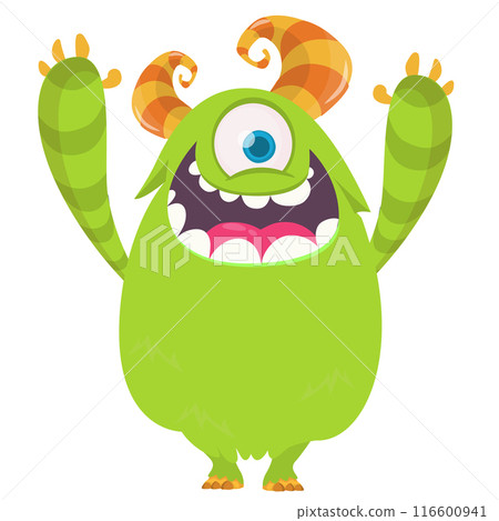 Funny cartoon monster character. Illustration of cute and happy creature or alien. Halloween vector design isolated 116600941