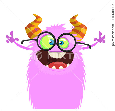 Funny cartoon monster character wearing round eyeglasses. Illustration of cute and happy creature or alien. Halloween vector design isolated 116600984