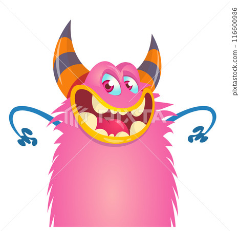 Funny cartoon monster character. Illustration of cute and happy creature or alien. Halloween vector design isolated 116600986