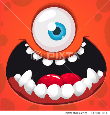 Cartoon monster face with one eye. Vector Halloween monster illustration. Great for package design or party decoration Cartoon monster face with one eye. Vector Halloween monster illustration. Great for package design or party decoration 116601061