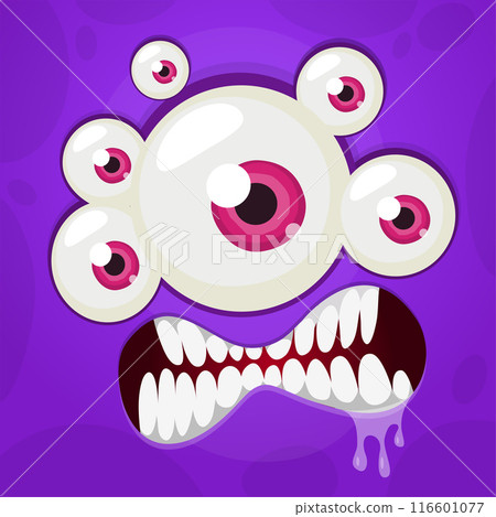 Cartoon monster face with many eyes. Vector Halloween monster illustration. Great for package design or party decoration Cartoon monster face with many eyes. Vector Halloween monster illustration. Great for package design or party decoration 116601077