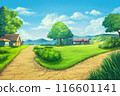 Outdoor illustration with trees, houses, and hills. 116601141