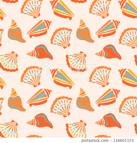 Colorful seashells vector seamless pattern. Bright marine repeat tile with orange scallop and spiral shells in modern hand drawn flat style on light background. Cute summer nautical illustration Colorful seashells vector seamless pattern. Bright marine repeat tile with orange scallop and spiral shells in modern hand drawn flat style on light background. Cute summer nautical illustration 116601153