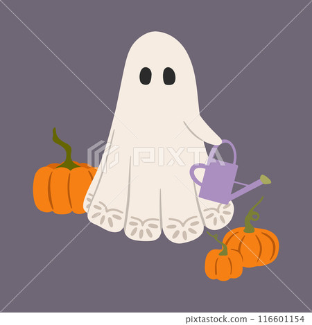 Cute garden ghost vector illustration. Adorable cartoon Halloween character watering pumpkins with watering can. Hand drawn funny countryside ghost for cozy seasonal trick or treat designs, cards 116601154