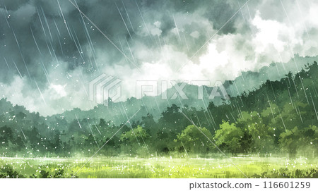 Watercolor illustration landscape of Japanese mountain forest in pouring rain 116601259