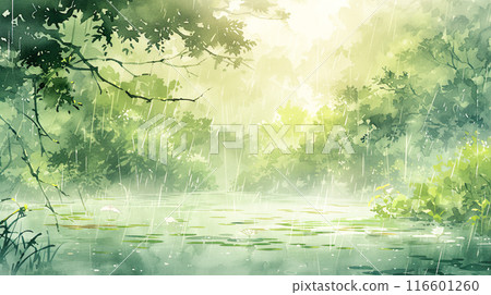 Watercolor illustration landscape of Japanese mountain forest in pouring rain Watercolor illustration landscape of Japanese mountain forest in pouring rain 116601260
