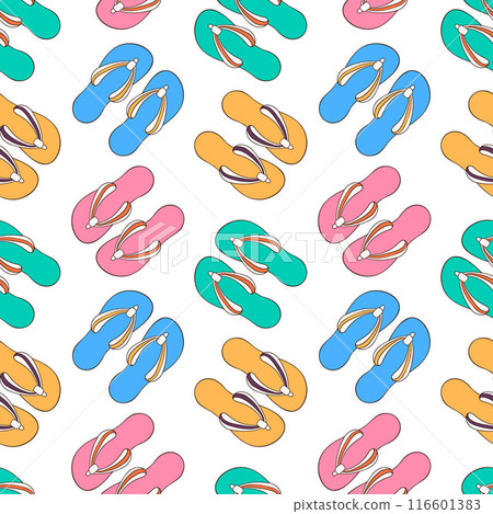 Seamless pattern with flip-flops summer shoes in cartoon style. Slippers design for wallpaper, textile. Vector illustration on a white background. Seamless pattern with flip-flops summer shoes in cartoon style. Slippers design for wallpaper, textile. Vector illustration on a white background. 116601383
