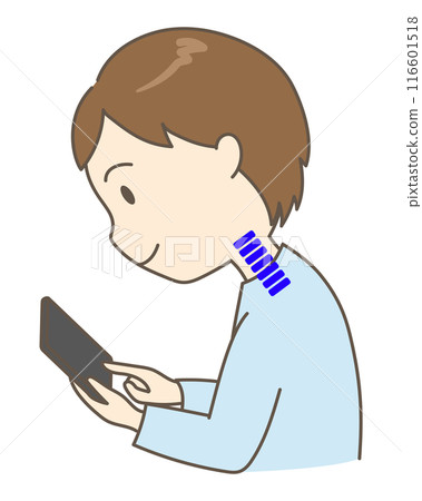 A young man with a straight neck looking at his smartphone with his back hunched over 1 116601518