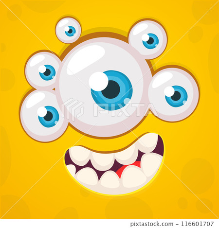 Cartoon monster face with many eyes and funny expression. Vector Halloween monster illustration. Great for package design or party decoration Cartoon monster face with many eyes and funny expression. Vector Halloween monster illustration. Great for package design or party decoration 116601707