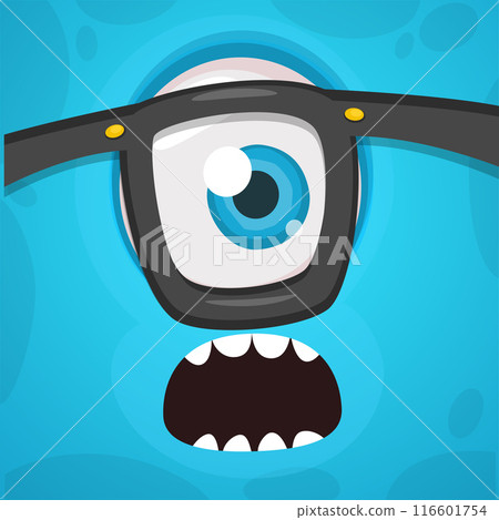 Scary cartoon monster face with one eye and glasses. Vector Halloween monster illustration Scary cartoon monster face with one eye and glasses. Vector Halloween monster illustration 116601754