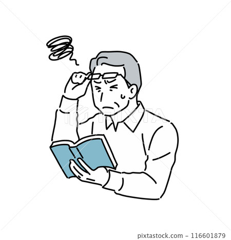 A senior man who has difficulty reading the text in a book due to presbyopia 116601879