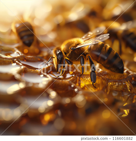 Cluster of Honeybees on Honeycomb 116601882