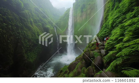 Tourists Discovering a Majestic Waterfall in a Lush Valley 116601892