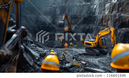 Miners Working Diligently in Rugged Open-Pit Mine 116601896