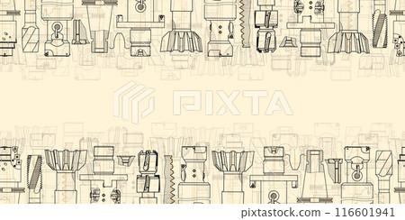 Mechanical engineering drawings on sepia background. Tap tools, borer. Technical Design. Cover. Blueprint. Seamless pattern. Vector illustration. 116601941