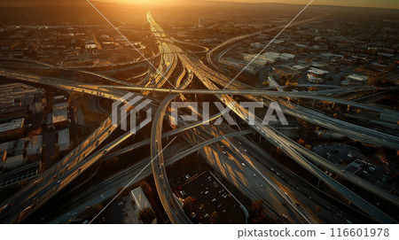 Aerial View of Complex Urban Highway at Sunset Aerial View of Complex Urban Highway at Sunset 116601978