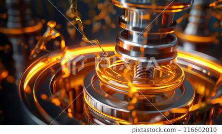 High-Tech Close-Up 3D Rendering of a Shiny Engine with Oil Droplets 116602010