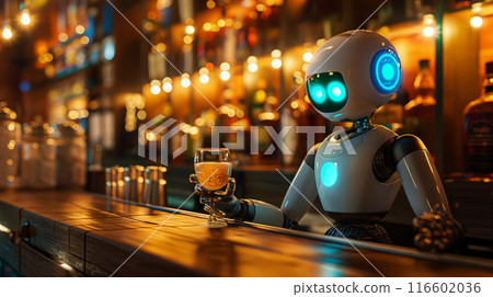 Futuristic Robot Enjoying a Drink at Cozy Bar 116602036