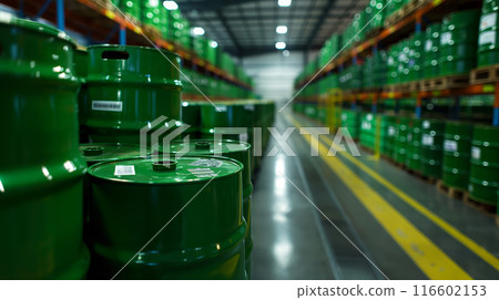 Warehouse with Green Industrial Barrels 116602153