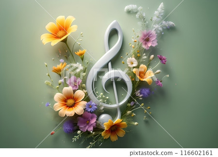 abstract musical background with musical treble clef and flowers 116602161