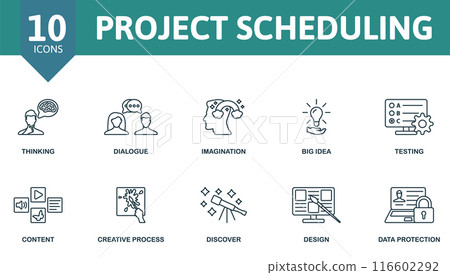 Project Scheduling thin line icon set. Thinking, Dialogue, Imagination, Big Idea, Testing, Content, Creative Process, Discover, Design, Data Protection icons and more 116602292