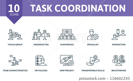 Task Coordination thin line icon set. Focus Group, Organization, Conference, Specialist, Interaction, Team Characteristics, Hr Policies, New Project, Transferable Skills, Multitasking icons and more Task Coordination thin line icon set. Focus Group, Organization, Conference, Specialist, Interaction, Team Characteristics, Hr Policies, New Project, Transferable Skills, Multitasking icons and more 116602293