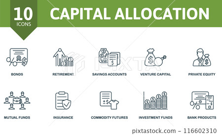Capital Allocation thin line icon set. Bonds, Retirement, Savings Accounts, Venture Capital, Private Equity, Mutual Funds, Insurance, Commodity Futures, Investment Funds, Bank Products icons and more 116602310