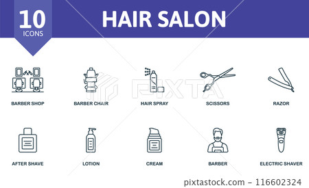 Hair Salon thin line icon set. Barber Shop, Barber Chair, Hair Spray, Scissors, Razor, After Shave, Lotion, Cream, Barber, Electric Shaver icons and more Hair Salon thin line icon set. Barber Shop, Barber Chair, Hair Spray, Scissors, Razor, After Shave, Lotion, Cream, Barber, Electric Shaver icons and more 116602324