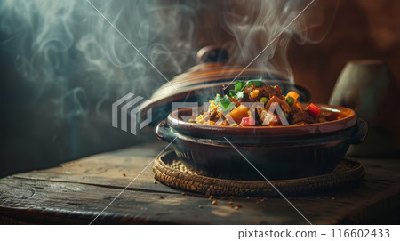 Steamed traditional Moroccan tajine dish with meat 116602433